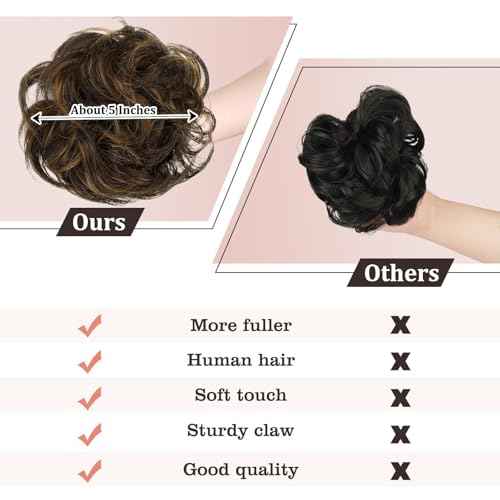 Claw Clip Messy Bun Hair Piece 100% Real Human Hair Buns Curly Chignon Hair Bun Extensions Wavy Tousled Updo Hair Buns Claw Clip Ponytail Hairpieces for Women(Dark Brown with Light Golden Brown)