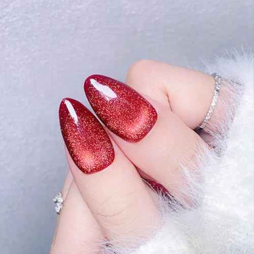 Christmas Press On Nails Medium Almond Fake Nails With Glue, Red Nail Press Ons With Glass Beads Cat's Eye Design£¬Artificial False Nails Stick On Nails for Women-30Pcs