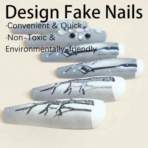 Christmas Press on Nails Long Square 3D Fake Nails Christmas Nails Press ons with Forest Deer Snowflakes Design Winter Cartoon Acrylic Glue On Nails Artificial Stick on Nails for Women 24Pcs