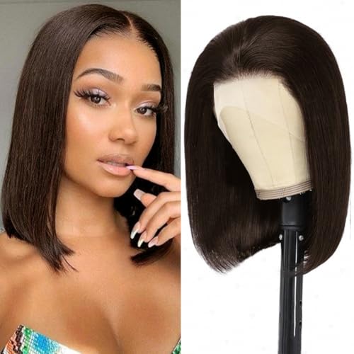 Dark Brown Bob Wig Human Hair 13X4 Lace Front Wigs Human hair 180% Density Short Straight Frontal Bob Wig HD Transparent Lace Frontal wigs Pre Plucked for Women With Baby Hair Dark Brown Color 14 Inch