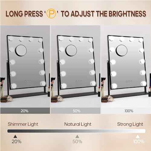 Hansong Black Vanity Mirror Makeup Mirror with Lights 12 Dimmable LED Bulbs Lighted Makeup Mirror Touch Screen Control 10X Magnification
