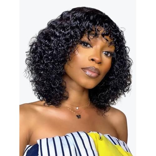 15A Raw Human Hair Wig with Bangs 4x2 Lace Short Water Wave Curly Glueless Wigs Layered Bob Wig Human Hair 180% Density Ready to Wear Wigs Glueless Human Hair for Women (10 Inch 1B Black)