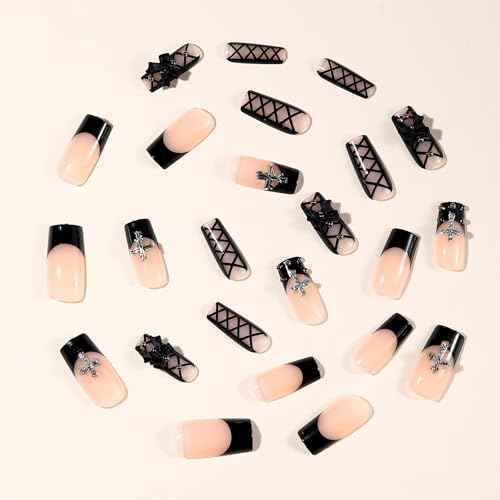 IMSOHOT Black French Press on Nails Long Square Fake Nails Acrylic Nude False Nails with Bow & Cross Design Full Cover Stick on Nails Glossy Glue on Manicure Kit for Women 24Pcs