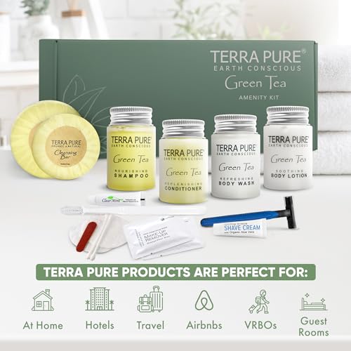 Terra Pure Green Tea Amenity & Accessory Kit | 1 oz Travel Size Shampoo, Conditioner, Lotion, Body Wash, 2 Soap Bars, Shave & Dental Sets, Make-Up Remover Wipes, & Vanity Kit | 15 sets per case