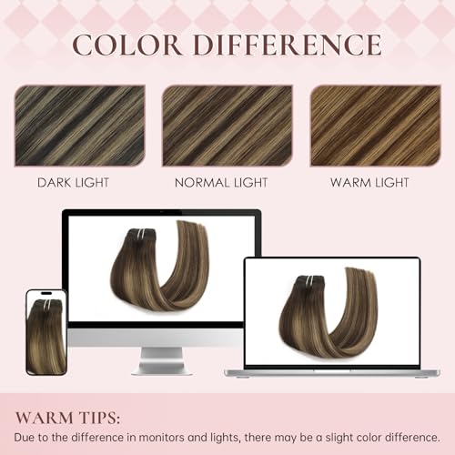 18 Inch Invisible Clip in Real Human Hair Extensions,Balayage Chocolate Brown to Caramel Blonde,85 Gram 7 Pieces With 16 Clips,Remy Thick Straight Hair, No Slip, No Shedding