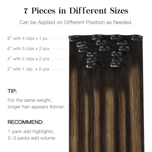 HOTBANANA Human Hair Clip in Hair Extensions, Balayage Dark Brown Mixed Chestnut Brown 120g Clip in Hair Extensions Real Human Hair Straight Remy Hair Clip Ins Dark Roots Ombre 18 Inch 7pcs