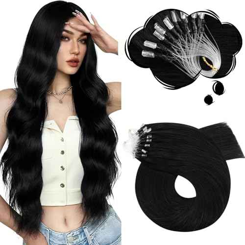 Moresoo Hair Extensions Microlink Human Hair Jet Black Micro Link Hair Extensions Human 18 Inch Hair Micro Bead Extensions Real Human Hair Black Microlink Extensions 50G/50S 18 Inch