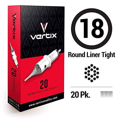 Vertix - 18 Round Liner Tight - Pack of 20 Membrane Tattoo Machine Cartridges - Transparent Detachable Tip, Minimize Tattoo Pen Machine Vibration