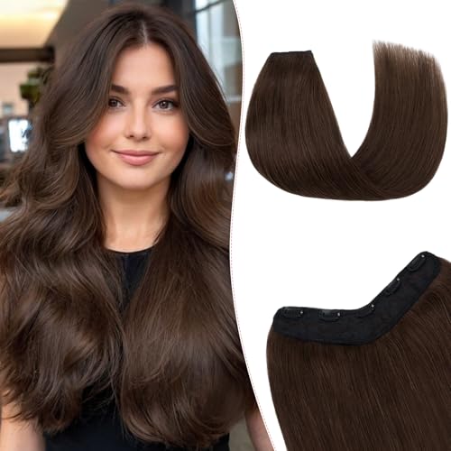 One Pieces Clip in Hair Extensions Human Hair Upgraded V-Shaped 5 Clips in Hair Extensions Human Hair Long One Piece Hairpiece for Women,16 Inch,#04 Chocalate Brown,65g