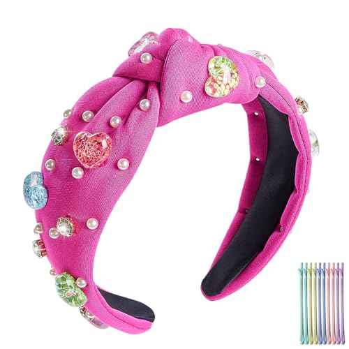 TANOSII Valentine¡¯s Day Knotted Headband for Women Wide Headbands Hair Accessories Jeweled Hairband Bling Heart Rhinestones Rose Red