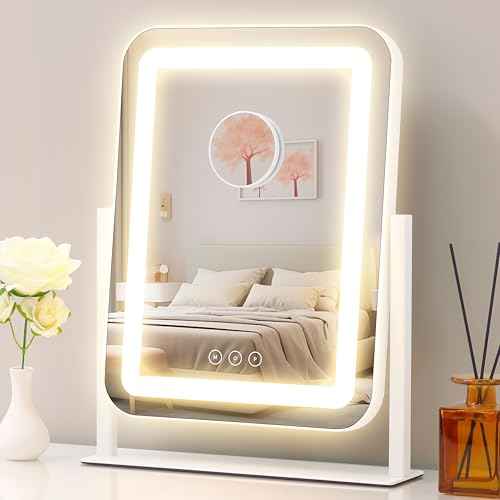 Vanity Mirror with Lights,13.1"¡¿16.7"LED Makeup Mirror,Lighted Makeup Mirror with Lights, Smart Touch Control Dimmable 3 Modes Light, Lighted Up Mirror for Makeup Desk, Bedroom, Dressing Room