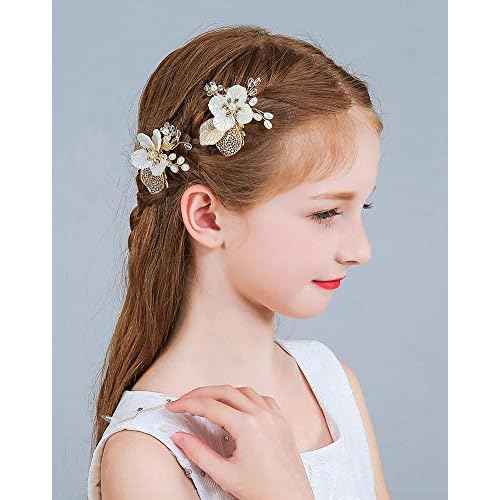 Wedding Flower Girl Hair Pins Bride Pearl Hair Piece Crystals Hair Clips Bridal Hair Accessories for Women and Girls Pack of 2 (Gold)