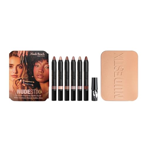 Nudestix Nude Beach 6-Piece Eye Palette ? Cream Eyeshadow Pencil Set in Matte & Luminous Finishes | Long-Wear, Vegan Eye Crayons in Nude, Bronze & Rose Gold Tones | Limited Edition Collector Tin