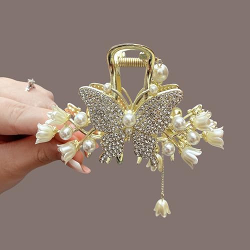 Metal Hair Claw Clips Butterfly Flower Hair Clip 1Pc Large Hair Jaw Claw with Tassel Pearl Design Gold Strong Hold Jaw Clips Rhinestones Butterfly Floral Non-Slip Hair Accessories for Women
