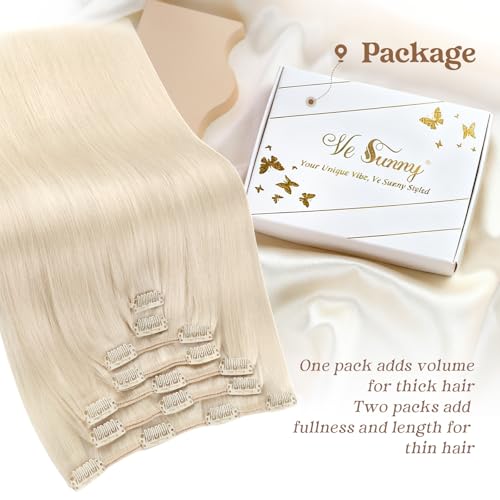 Ve Sunny Blonde Clip in Hair Extensions Human Hair Clip in Extensions Platinum Blonde Real Human Hair Extensions Clip ins Long Straight Hair Easy to Wear 7pcs 120g 20inch