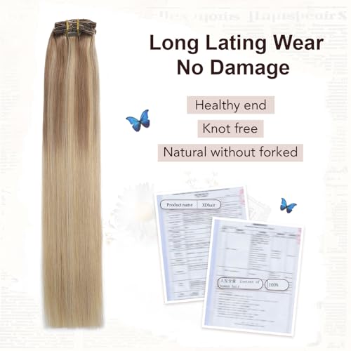 XDhair Clip in Hair Extensions 100g 16 Inch Balayage Hair Extensions Clip in Human Hair Golden Brown to Light Blonde Straight Real Human Hair Extensions Clip ins for Women 6pcs #10/27/27 16 Inch