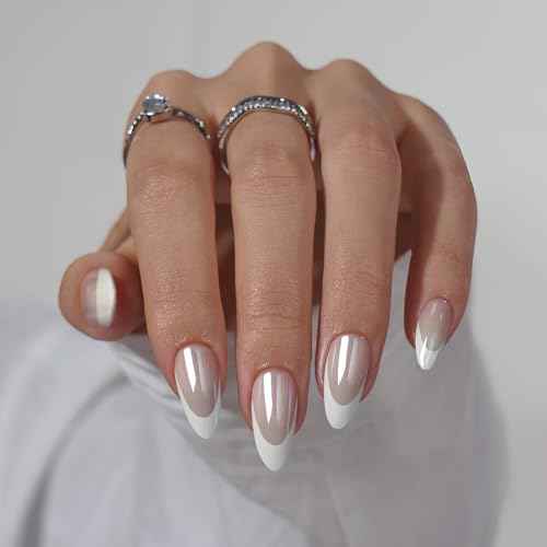BTArtbox Press On Nails Almond - White French Tip Soft Gel Nails, Chrome Glue On Nails for Gifts, Natural Reusable Glazed Stick On Nails in 15 Sizes - 30 Fake Nails Kit, White Swan