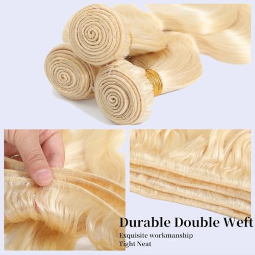 613 Bundles Human Hair 12 14 16 Inch Blonde Body Wave Bundles 100% Unprocessed 16A Brazilian Virgin Hair 3 Bundles Human Hair Body Wave Hair Extensions for Women can be Dyed Bleached