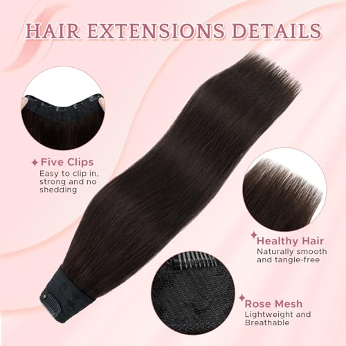 One Piece Clip in Hair Extensions 100% Real Human Hair 3/4 Full Head Hair with Upgraded V-Shaped Weft 5 Clips in Hair Extensions for Women, £¨16 Inch, #02 Dark Brown£©