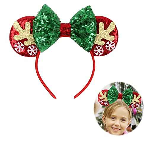 LSHDXD Christmas Glod Reindeer Antlers Mouse Ears Bow Headband Hair Hoop for Women, Glitter Elk Antlers Hair bands Hair Accessories Headdress for Christmas Party Supplies Hot Pink Princess Dress Up