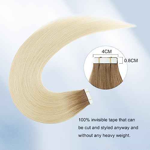 Sixstarhair Rooted Blonde Tape In Hair Extensions Human Hair Medium Brown Fading to Platinum Blonde Remy Hair Beautiful Hair for Women [Color R6-60#-16 inch]