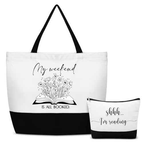 Buryeah 2 Pcs Book Lovers Gifts for Women Reusable Tote Bag Makeup Bag with Metal Zipper Book Club Gifts for Bookish Teacher Librarian Library Readers