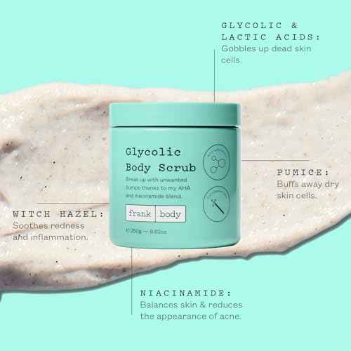 frank body Glycolic Acid Body Scrub | Fights KP & Breakouts, Spots & Tighten Pores | Reduces Acne with Niacinamide & Soothes with Witch Hazel | Glycolic Acid & Pumice | 8.82 oz | Pack of 1