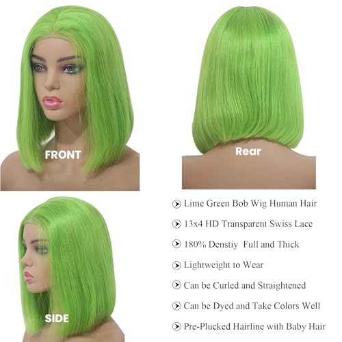Lime Green Bob Wig Human Hair Lace Front Wigs 14 Inch 13x4 HD Lace Front Wigs Human Hair Pre Plucked Glueless Wigs Brazilian Virgin Human Hair Short Bob Wig for Women 180% Density Deep Part Hairline
