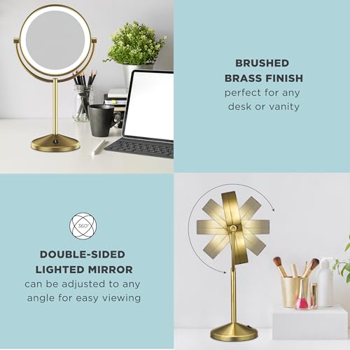 Conair Lighted Makeup Mirror, LED Vanity Mirror, 1X/10X Magnifying Mirror, Double Sided, Battery Operated in Brushed Brass