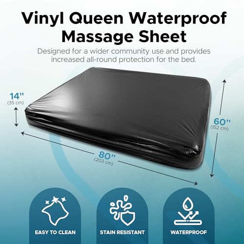 Black Vinyl Queen Waterproof Fitted Massage Bed Sheet with Side Pocket | Mattress Protector, Bed Cover for Nuru Massage - Oil, Water-Based, Silicone Safe | 60'' x 80'' + 15.7'' Deep Pocket