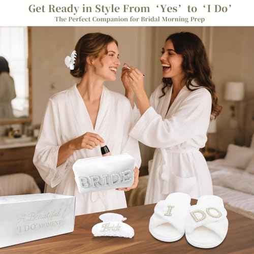 Bridal Shower Gifts, Bride To Be Gift Set, Wedding Gifts for Bride, Bachelorette Gifts for Bride, Engagement Gift for Her, Bachelor Party Christmas Gifts, Makeup Bag, I DO Slippers, Hair Clip