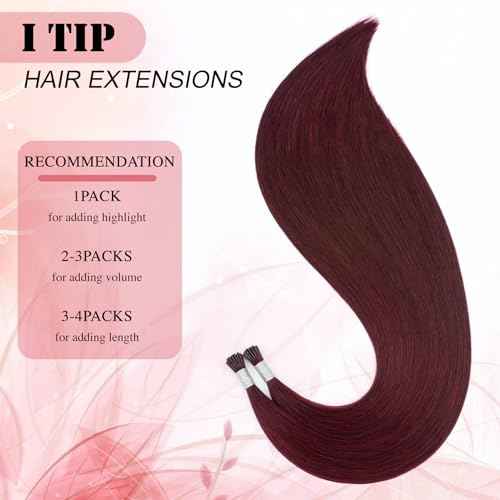 Senmy Burgundy Red I Tip Hair Extensions 20inch Cold Fushion I Tip Hair Extensions Human Hair, 50g Invisible Microbead Extensions Human Hair