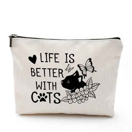 Cat Makeup Bag Small, Cat Mom Gifts for Women Cat Owners Lovers, Funny Cat Gifts for Women, Life Is Better with Cats Bag, Black Cat Gift Bag