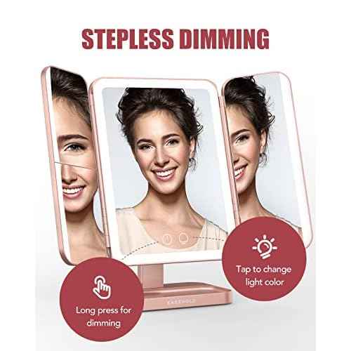 EASEHOLD Rechargable Makeup Mirror Vanity Mirror with Lights, 5000Mah & USB Cable, 112 LEDs Lighted Trifold Mirror with 1X 2X 3X 10X Magnification, Smart Touch, Portable Cosmetic Beauty Mirror