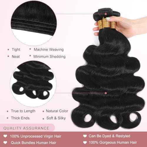 Body Wave Bundles 12A Human Hair 28inch One Bundle 100% Unprocessed Brazilian Virgin Body Wave Human Hair Bundles for Black Women Natural Black