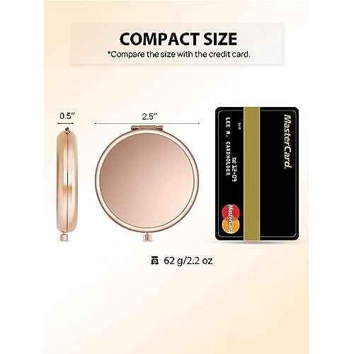 Compact Mirror for Purse, Double-Sided 1X/2X Magnifying Metal Pocket Makeup Mirrors(Round, Rose Gold)