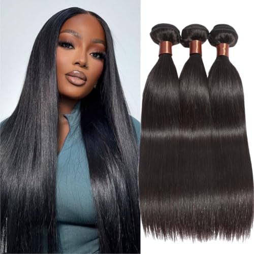 Straight Human Hair 3 Bundles Peruvian Virgin Human Hair Bundles 16 16 16 Inch 100% Unprocessed Straight Bundles Human Hair Extensions 300 Gram Double Weft Nature Black Color (3 Bundles)
