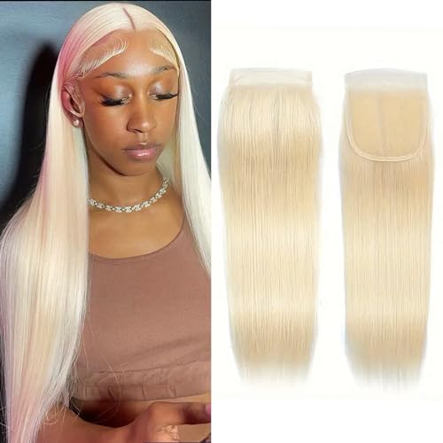 613 Blonde 5x5 Lace Closure Human Hair 613 Closure Pre Plucked With Baby Hair Blonde Color Brazilian Virgin Straight Hair Invisible Lace Frontal Closure Free Part (5x5 613 Lace Closure, 20 Inch)