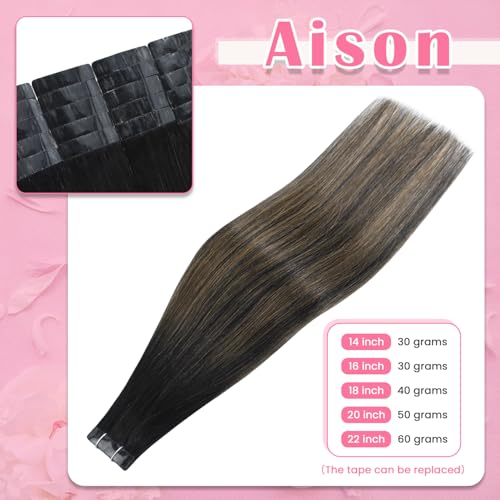 Tape in Hair Extensions 1BT6P1B Natural Black to Chestnut Brown 100% Remy Human Hair Extensions Silky Straight for Fashion Women 20 Pcs/Package(22Inch #1BT6P1B 60g)