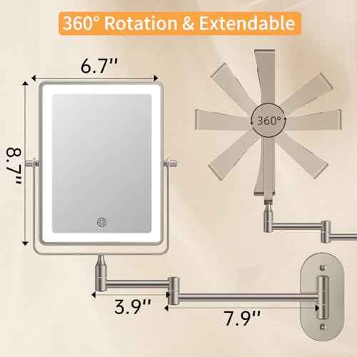 Wall Mounted Lighted Makeup Mirror, 1X/20X Magnifying 5000mAh Rechargeable Make Up Mirror with 3 Color Lights, Touch Dimmable, 360 Rotation Wall Mount Mirror Swing Arm with Tweezer and Adapter