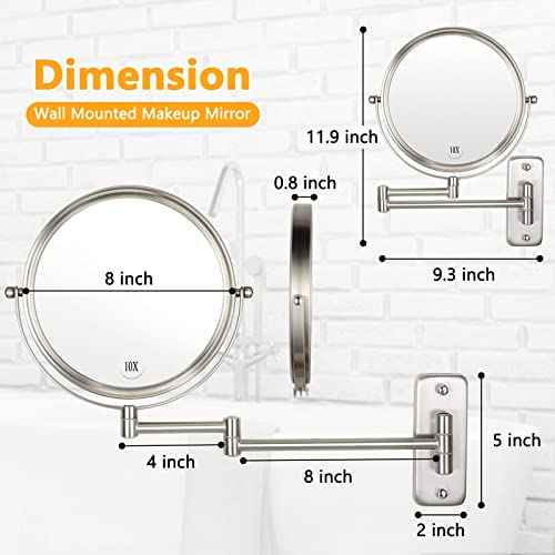 Wall Mounted Makeup Mirror - 10x Magnification 8'' Two-Sided Swivel Extendable Bathroom Mirror Nickel Finish