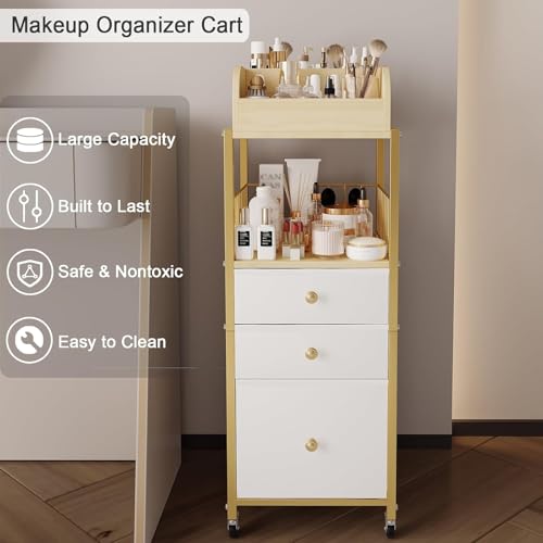 Makeup Organizer Cart with Drawers, Floor Skincare Organizers Make Up Organizers-Vanity Organizer Cosmetic Display Cases Holder for Skin Care Perfume Nail Polish Brush Hair Tool£¨Gold£©