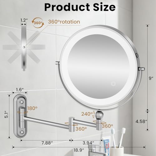 Rocollos 9-Inch Large Makeup Mirror with 30X Magnification, Rechargeable Wall Mounted Vanity Mirror with Lights, 3 Color Dimmable LED, Touch Screen & Retractable Arm-Black (9INCH-Chrome)