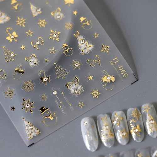 Christmas Nail Art Stickers - 5D Gold Decals with Snowflakes, Candy Canes, Xmas Trees, Bows & Snowmen for Women's Manicure Decoration
