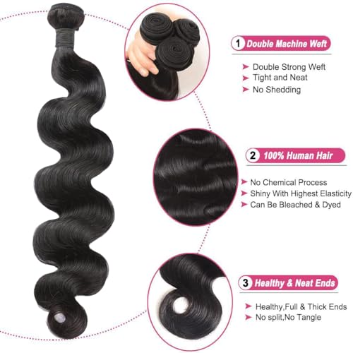 CHEEON Body Wave Bundles Human Hair 18 20 22 Inch Human Hair Bundles 12A Grade Unprocessed Brazilian Virgin Hair Extensions 3 Bundles Deal Natural Black