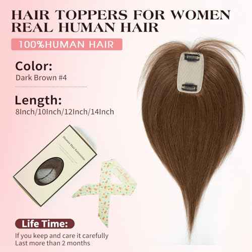 isheeny Human Hair Topper for Women 10Inch Real Human Hair Toppers For Changing Your Look, Dark Brown #4 Natural Hair Pieces for Women With Artificial Base & 2 Secure Clips