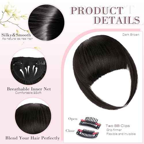 Clip in Bangs,Natural Fake Bangs Hair Clip,Dark Brown French Bangs Fringe with Temples Hairpieces for Women Clip on Bangs Hair Extenisons Curved Bangs for Daily Wear