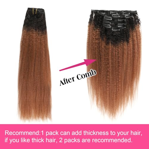 Kinky Straight Ombre Clip in Hair Extensions Real Human Hair Natural Black to Medium Auburn Kinky Straight Clip ins for Black Women Double Weft Hair Extensions 7Pcs 120g 18 Inch 1BT30