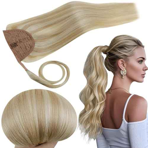 RUNATURE Ponytail Extension Human Hair, Real Hair Ponytail Extension Blonde, Straight Human Hair Ponytail, Remy Natural Hair Tangle Free, 14 Inch 70g #18P613 Ash Blonde Highlight Platinum Blonde