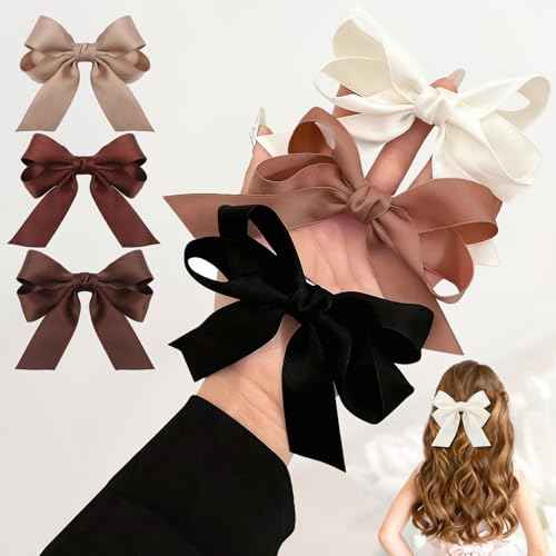 Bessrung 6PCS Small Hair Bows, Soft Satin Ribbon Bow Hair Clips for Women Girls Teens, Non-Slip Hair Barrettes for Curly Straight Hair, Cute Bow Clips, Brown Hair Accessories for Party Wedding Gift